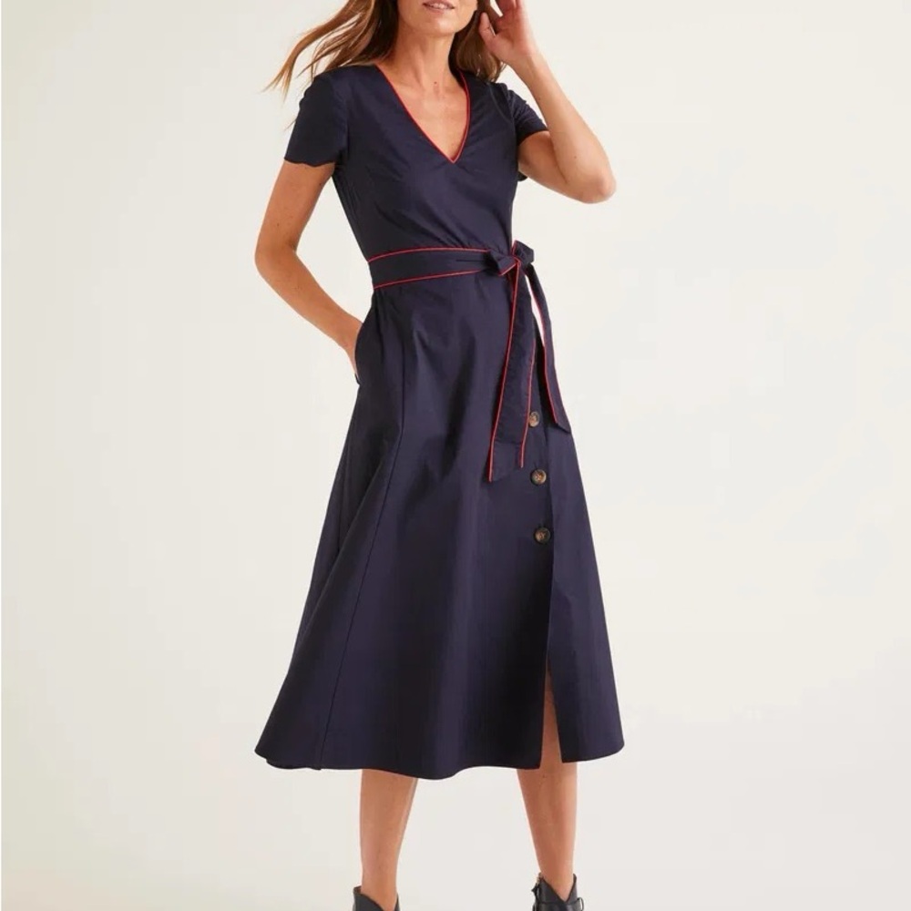 Boden Navy V-Neck Midi Dress with Contrast Trim